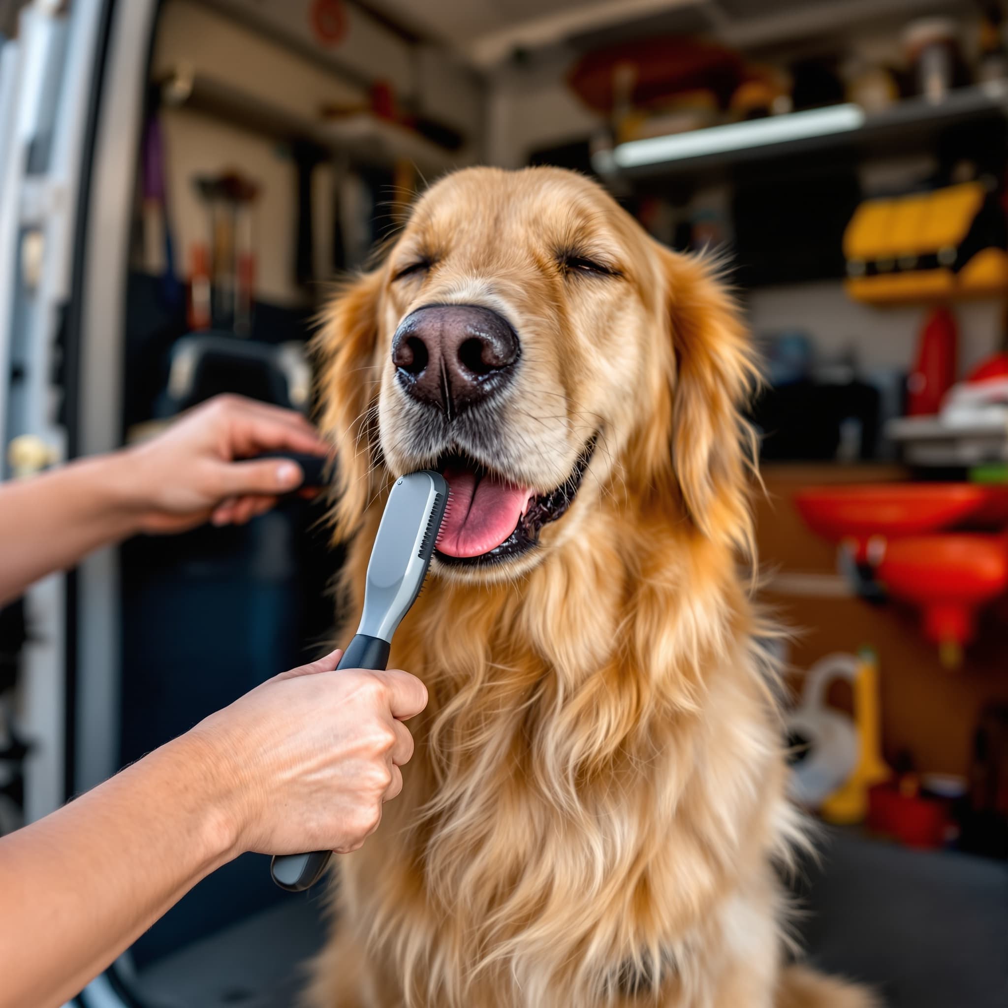 Expert groomer brushing a golden retriever