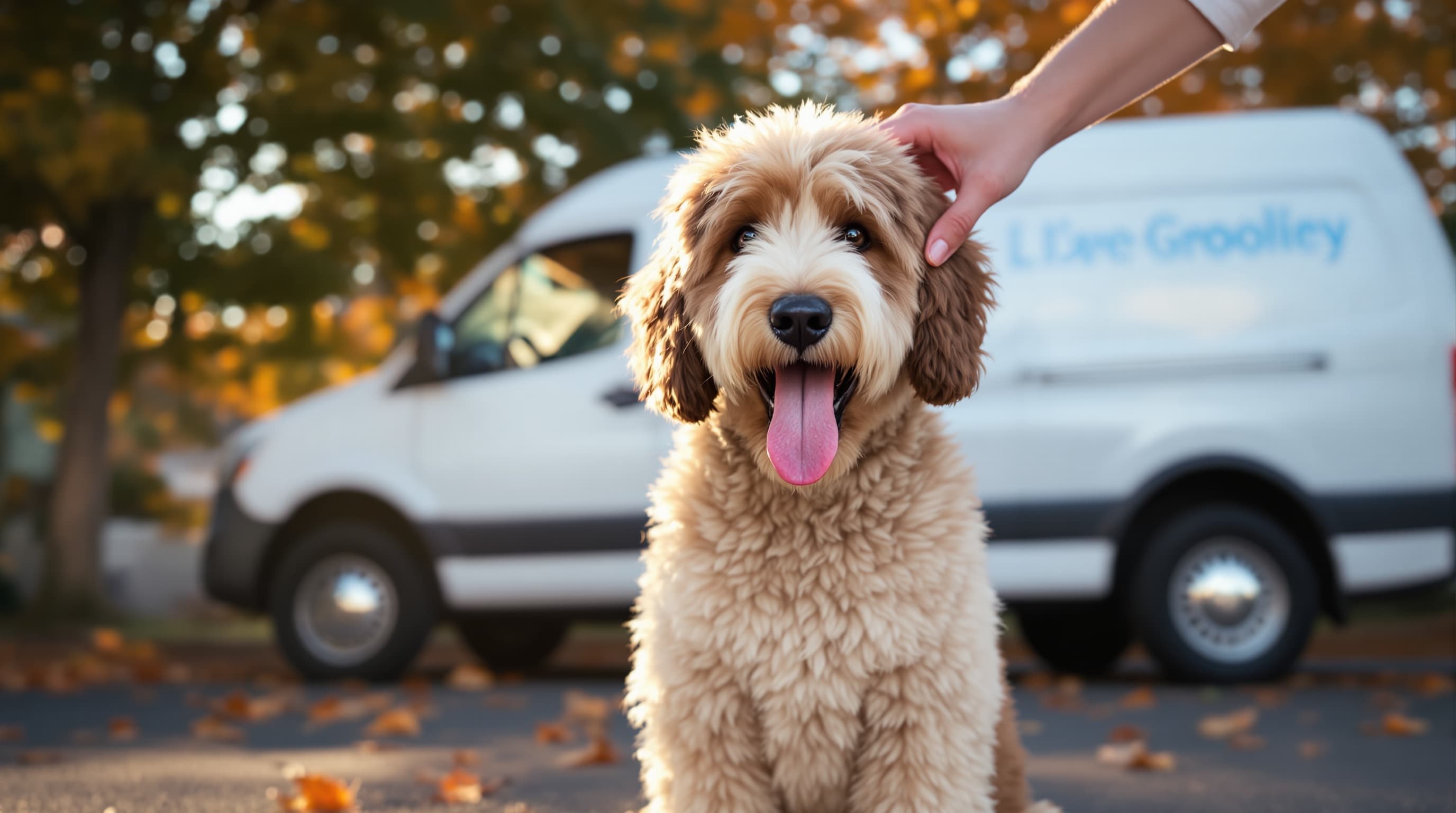 Freshly groomed bernedoodle in NJ driveway