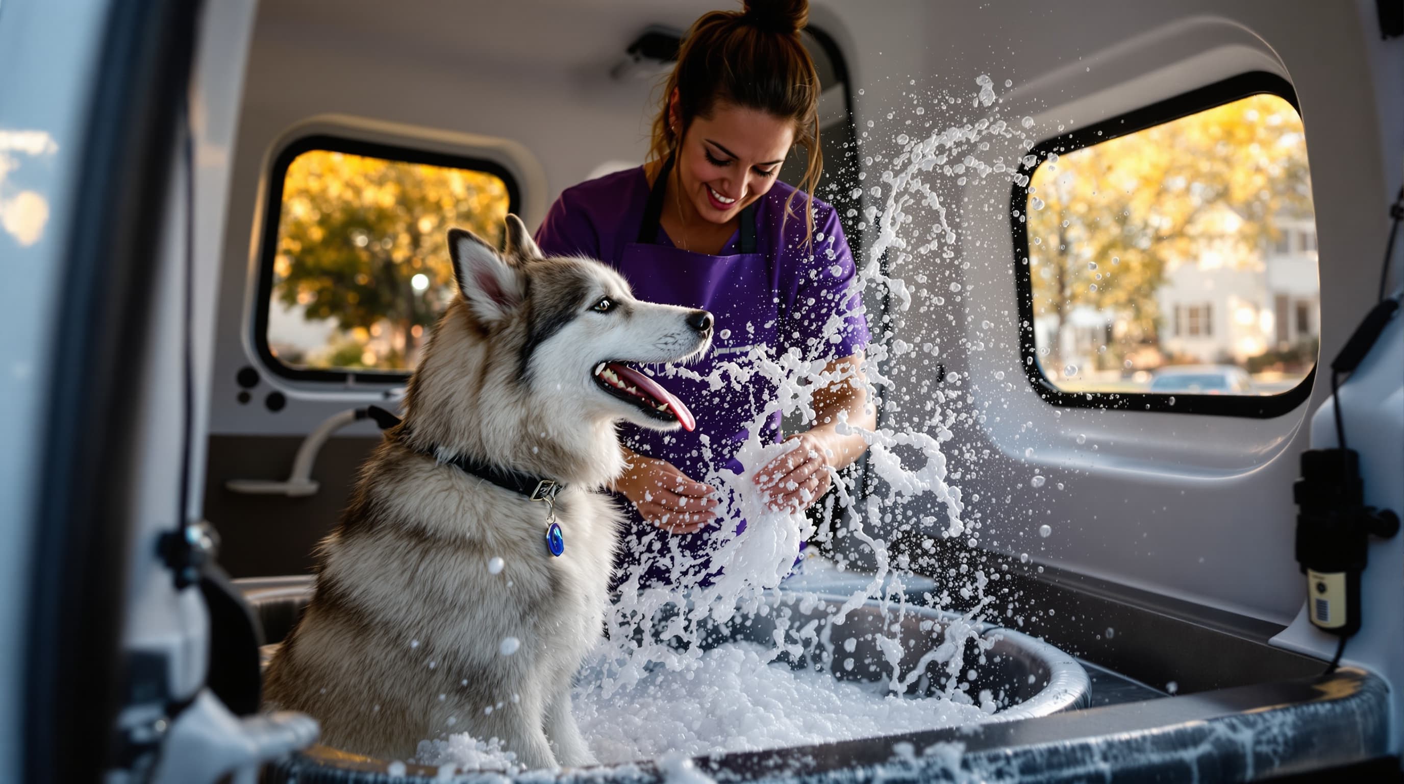 Groomer washing a happy husky inside mobile grooming van in New Jersey